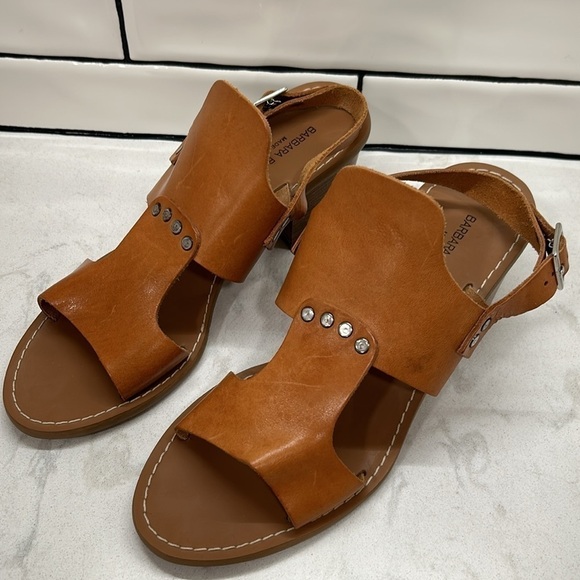 Barbara Barbieri Brown Tan Leather Sling Back Stacked Wood Block Heels Open Toe - Picture 11 of 16